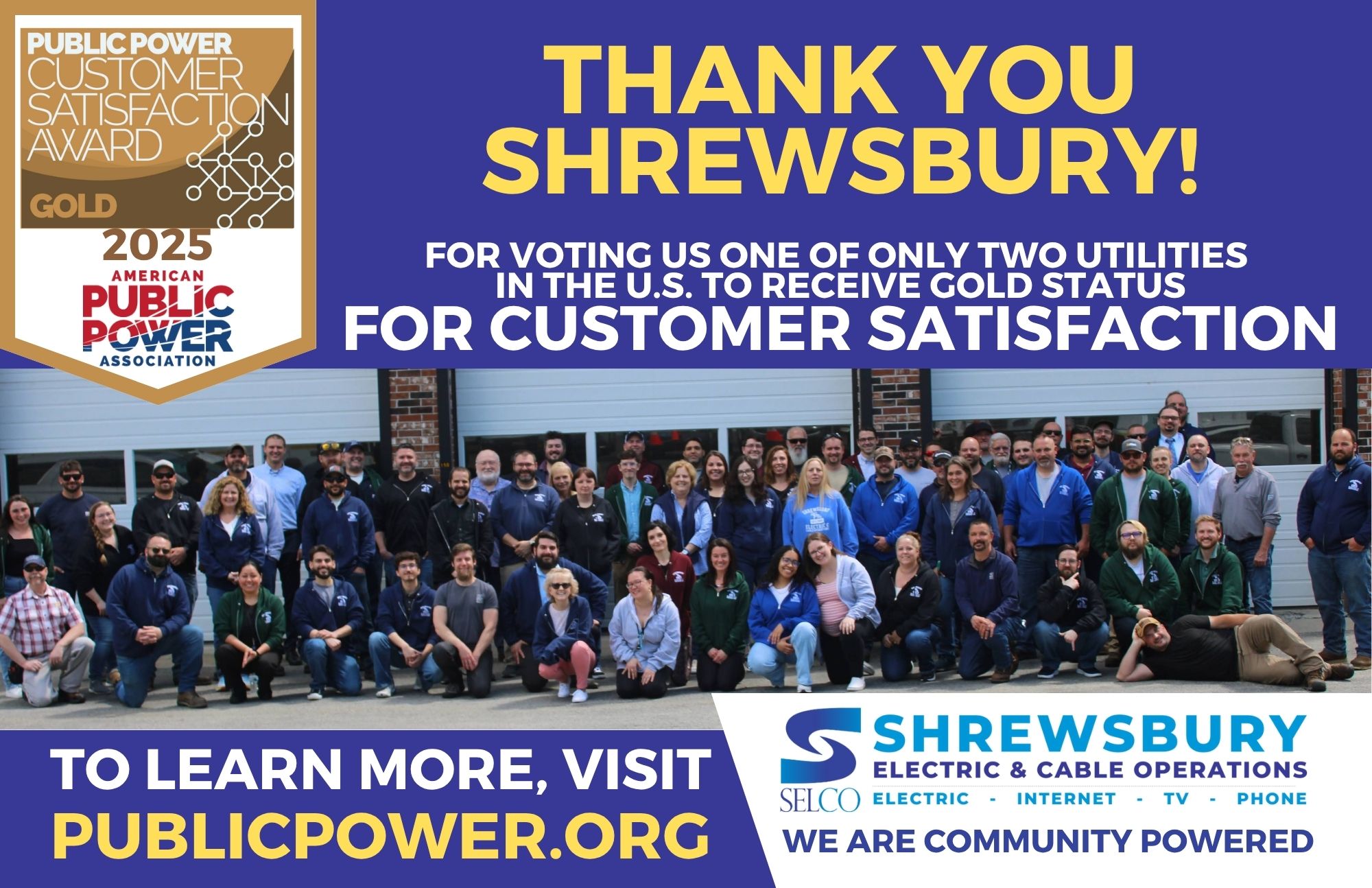 Group photo of SELCO employees celebrating their 2025 APPA Gold Award for Customer Satisfaction.